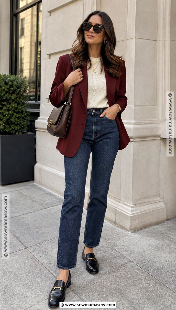 Burgundy Blazer And Jeans Fall Street Style Outfit - 15 fall 24 street style ideas