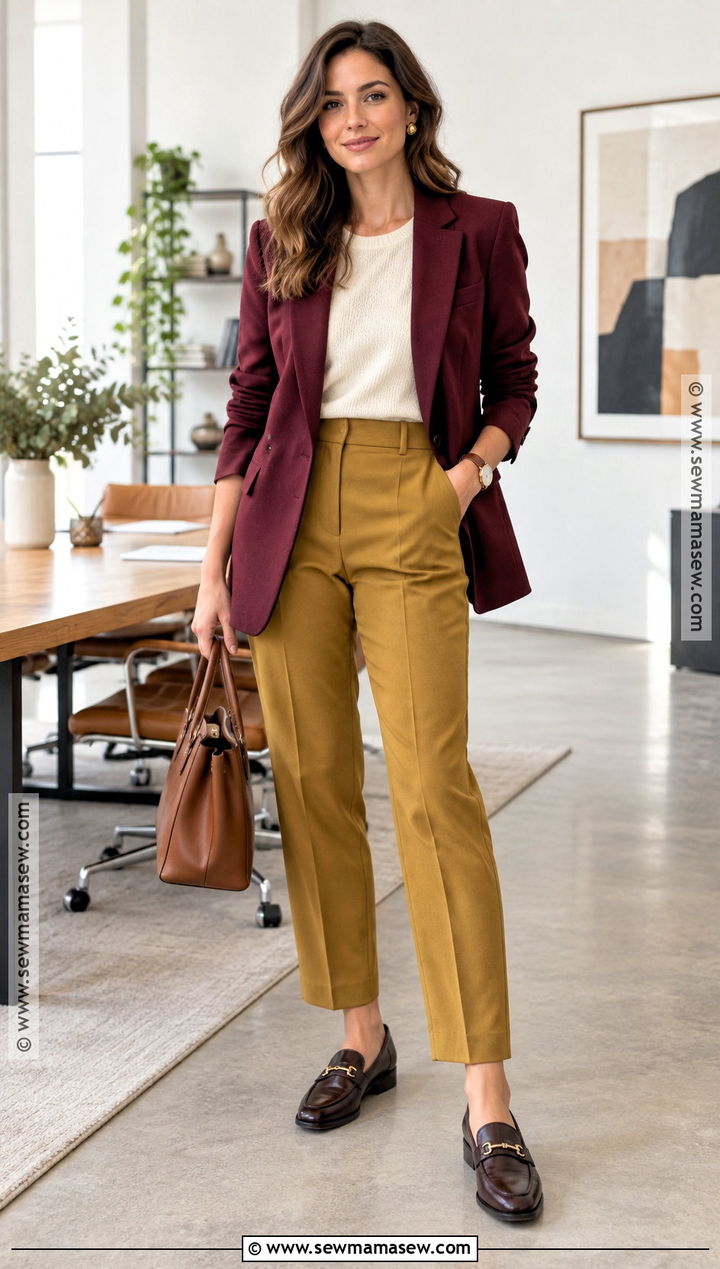 Burgundy Blazer And Mustard Trousers Outfit - 20 House Of Colour Autumn Outfits