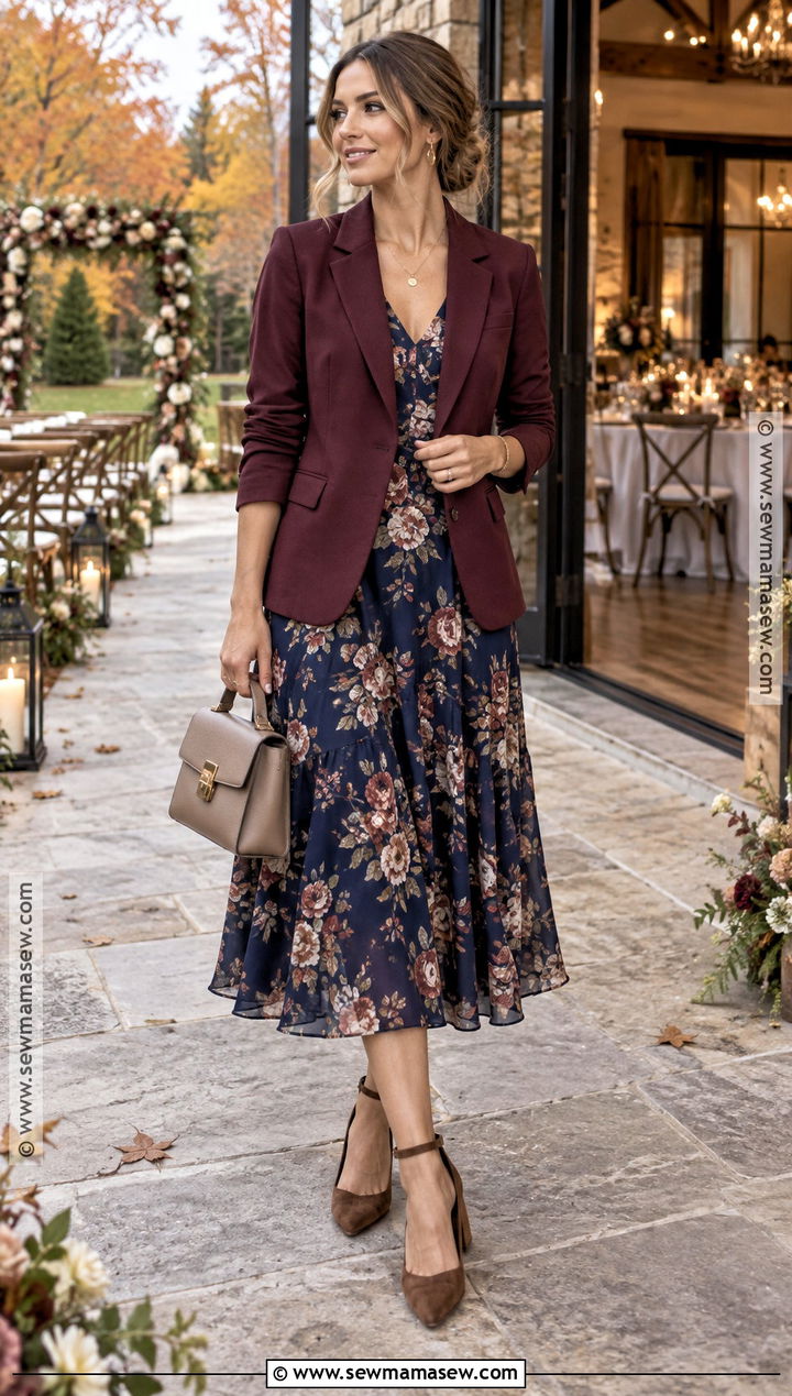 Burgundy Blazer And Printed Dress - 15 casual wedding outfit guest fall ideas