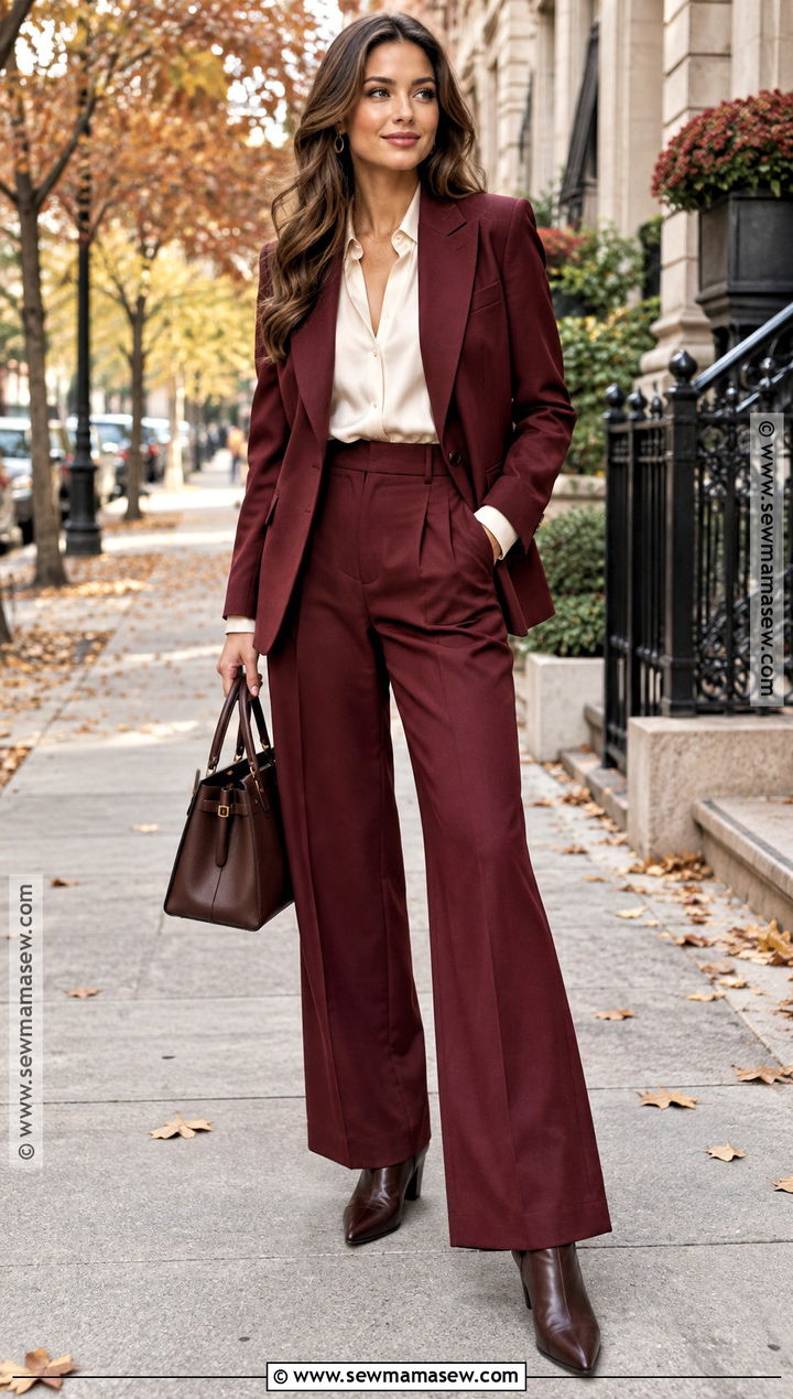 Burgundy Blazer And Wide Leg Trousers Outfit - 15 Fashion AutumnWinter 20242020 Ideas