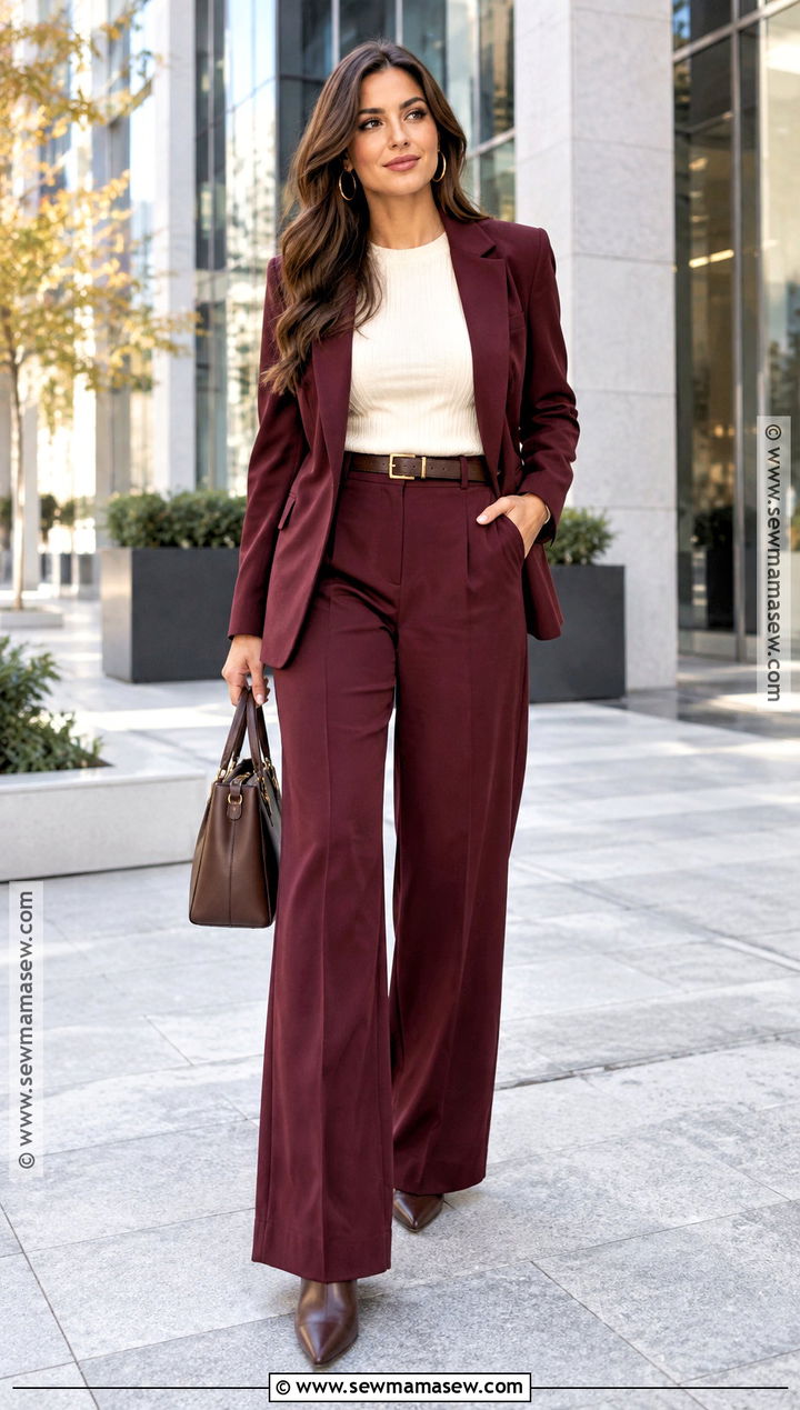 Burgundy Blazer And Wide Leg Trousers Outfit - 15 fall fashion 2026 women 25 ideas