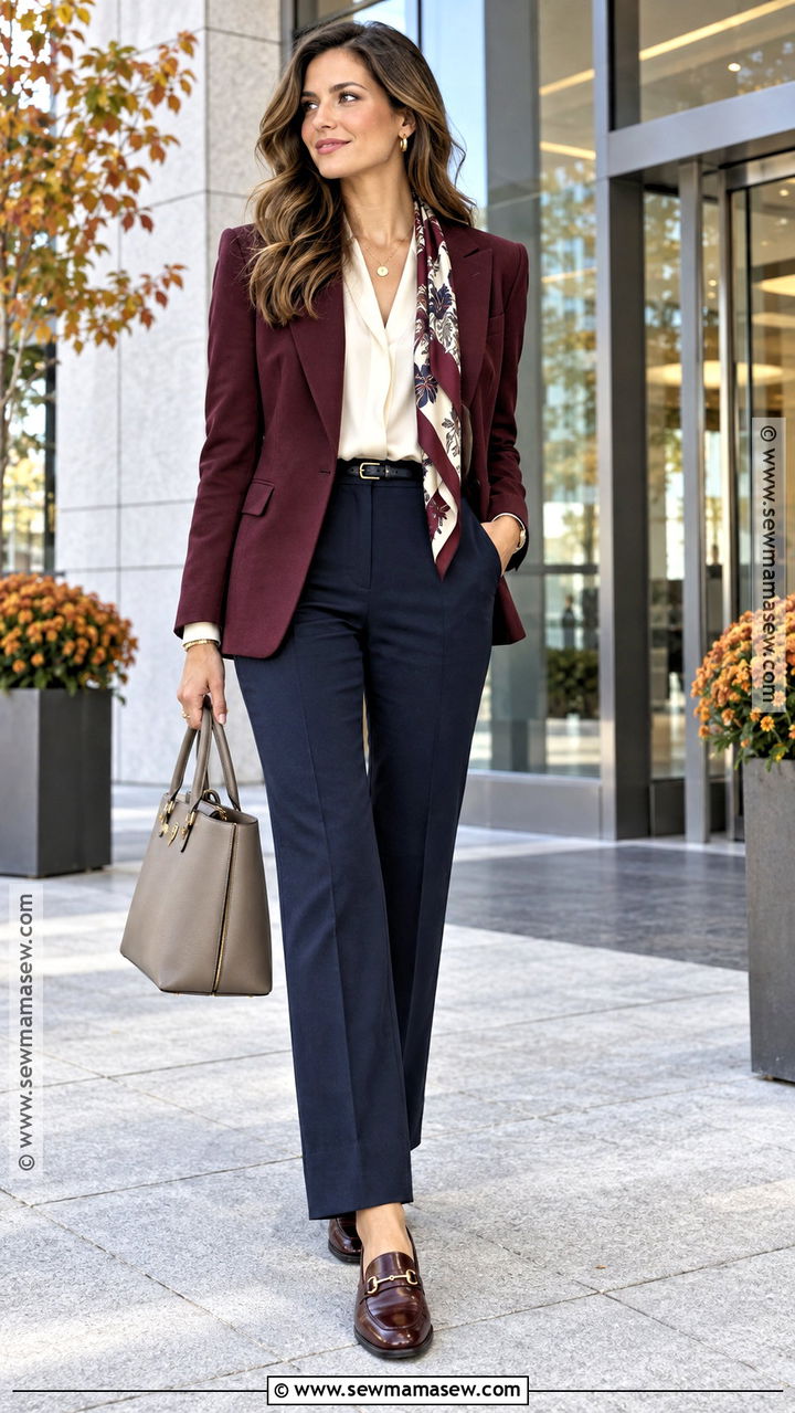 Burgundy Blazer Cream Blouse and Navy Pants October Work Outfit - 20 October Work Outfits