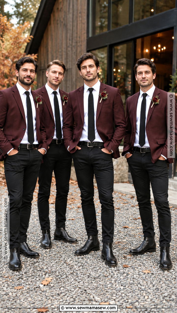 Burgundy Blazer Groomsmen Outfit With Black Jeans - 15 fall wedding groomsmen attire jeans