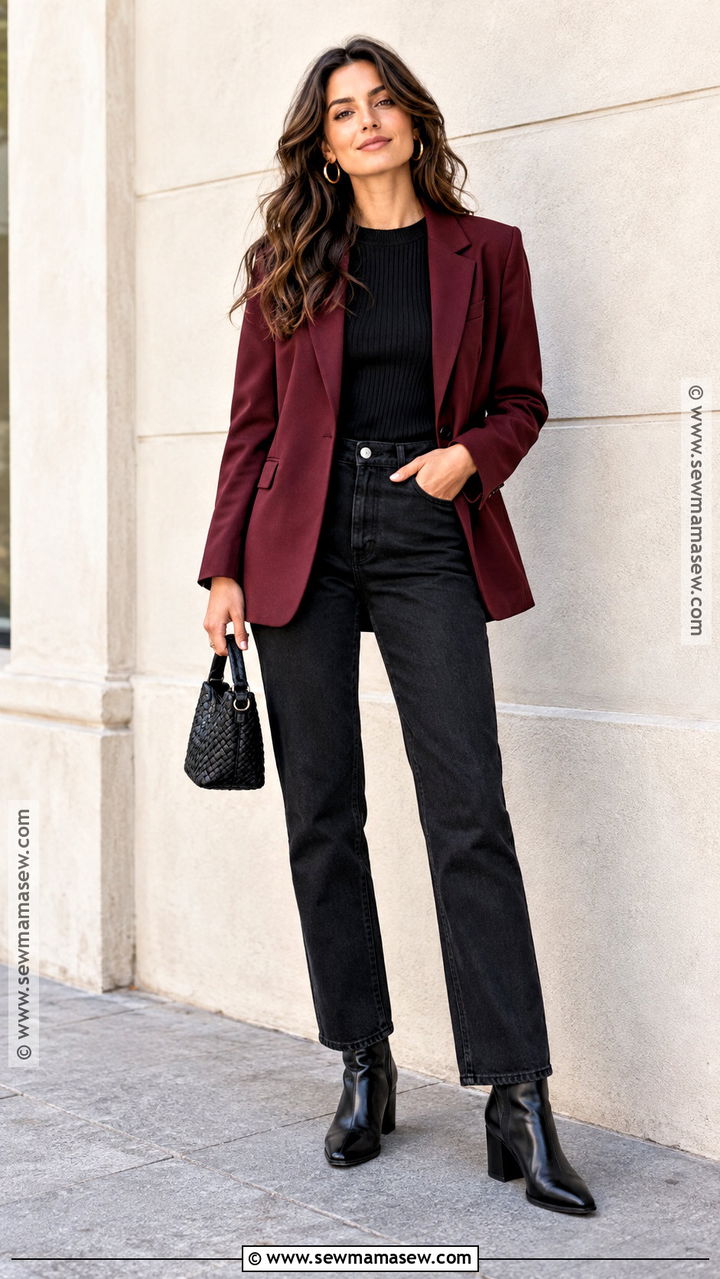 Burgundy Blazer With Black Jeans - 20 autumn blazer ideas