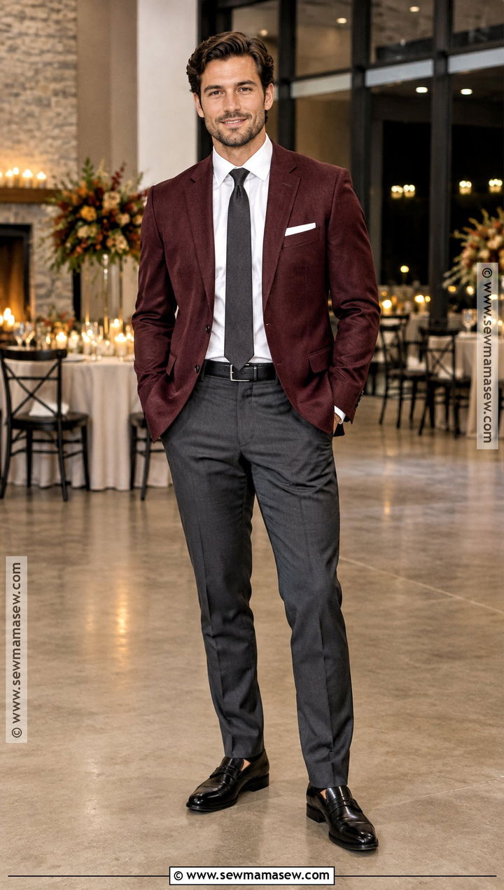 Burgundy Blazer With Charcoal Trousers - 15 mens fall wedding attire guest semi formal ideas