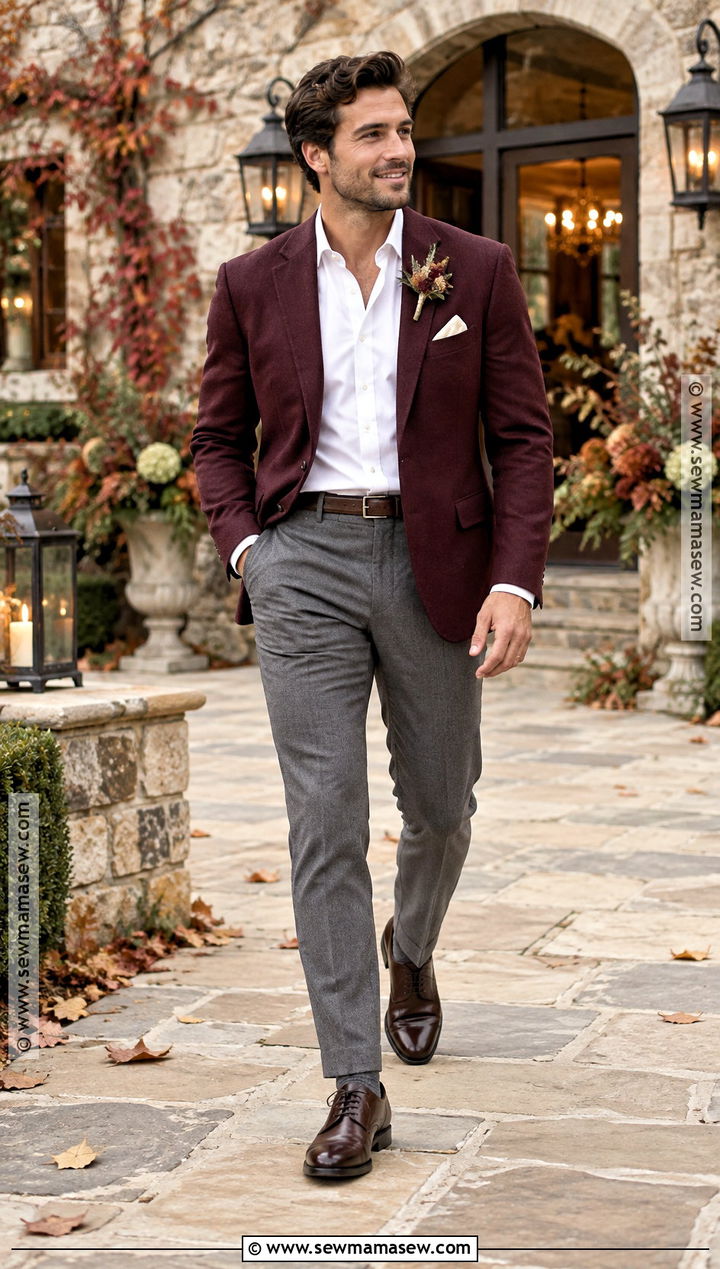 Burgundy Blazer With Gray Trousers - 15 fall casual groom attire ideas