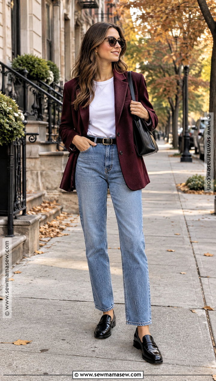 Burgundy Blazer With Jeans And Loafers - 15 burgundy fall outfits 2026