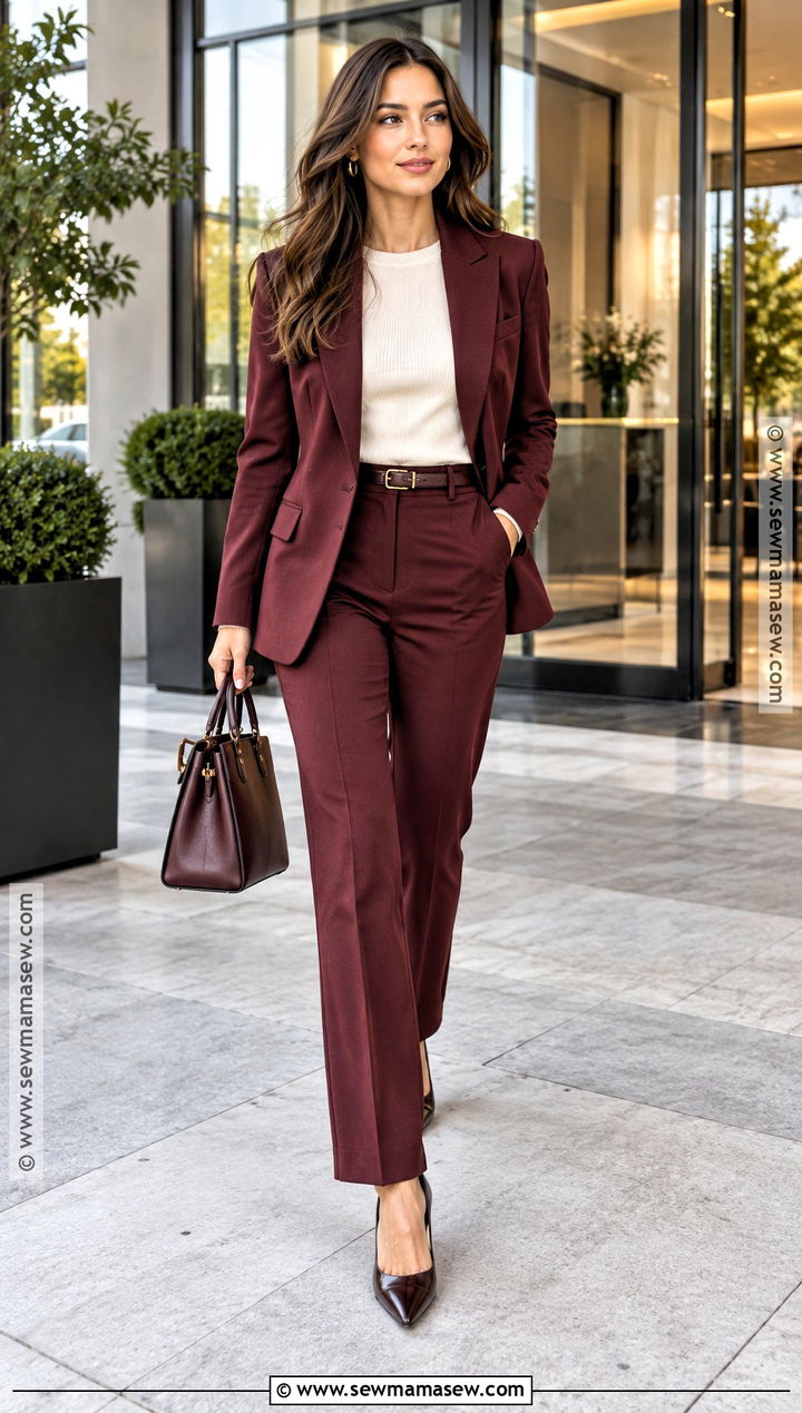 Burgundy Blazer With Matching Trousers And Pumps - 15 ladies fall fashion ideas