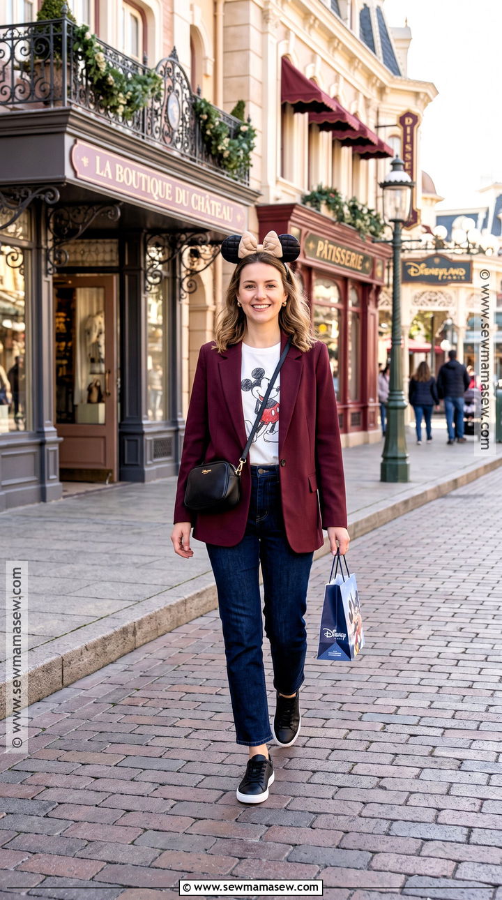 Burgundy Blazer With Straight Leg Jeans - 20 Disney Paris Outfits Autumn