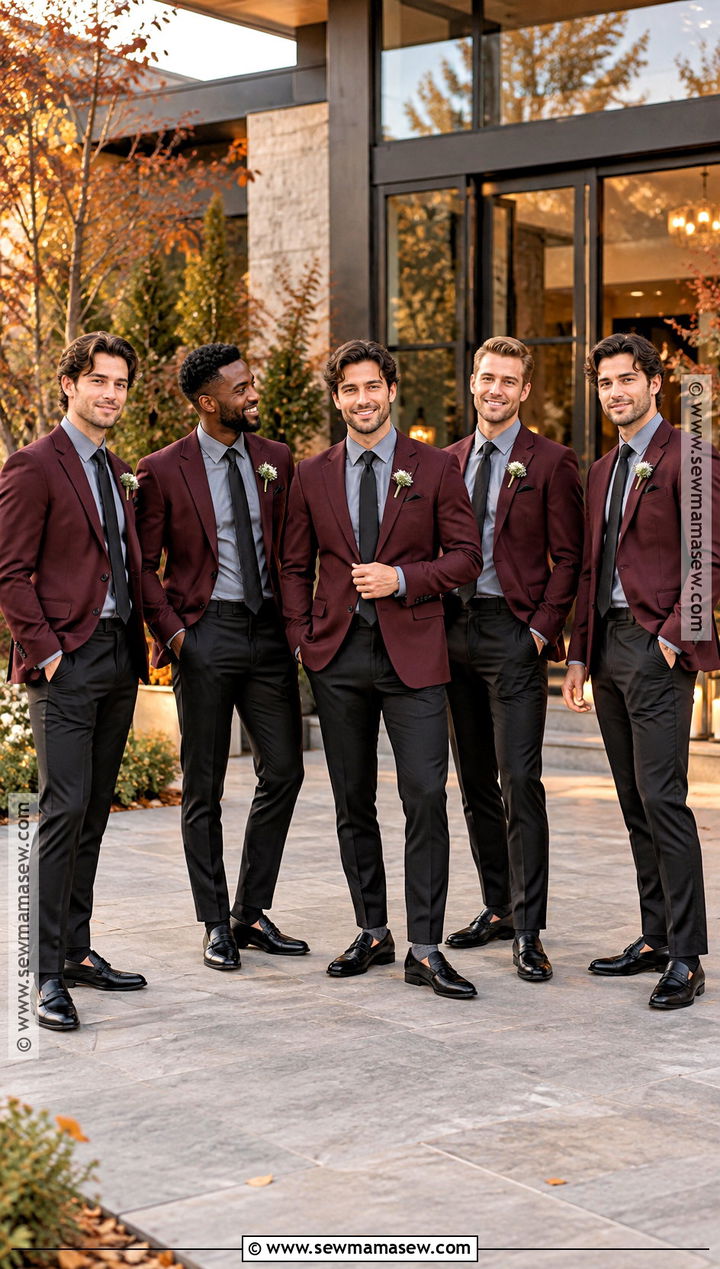 Burgundy Blazer and Black Trousers Groomsmen Attire - 15 casual fall groomsmen attire ideas