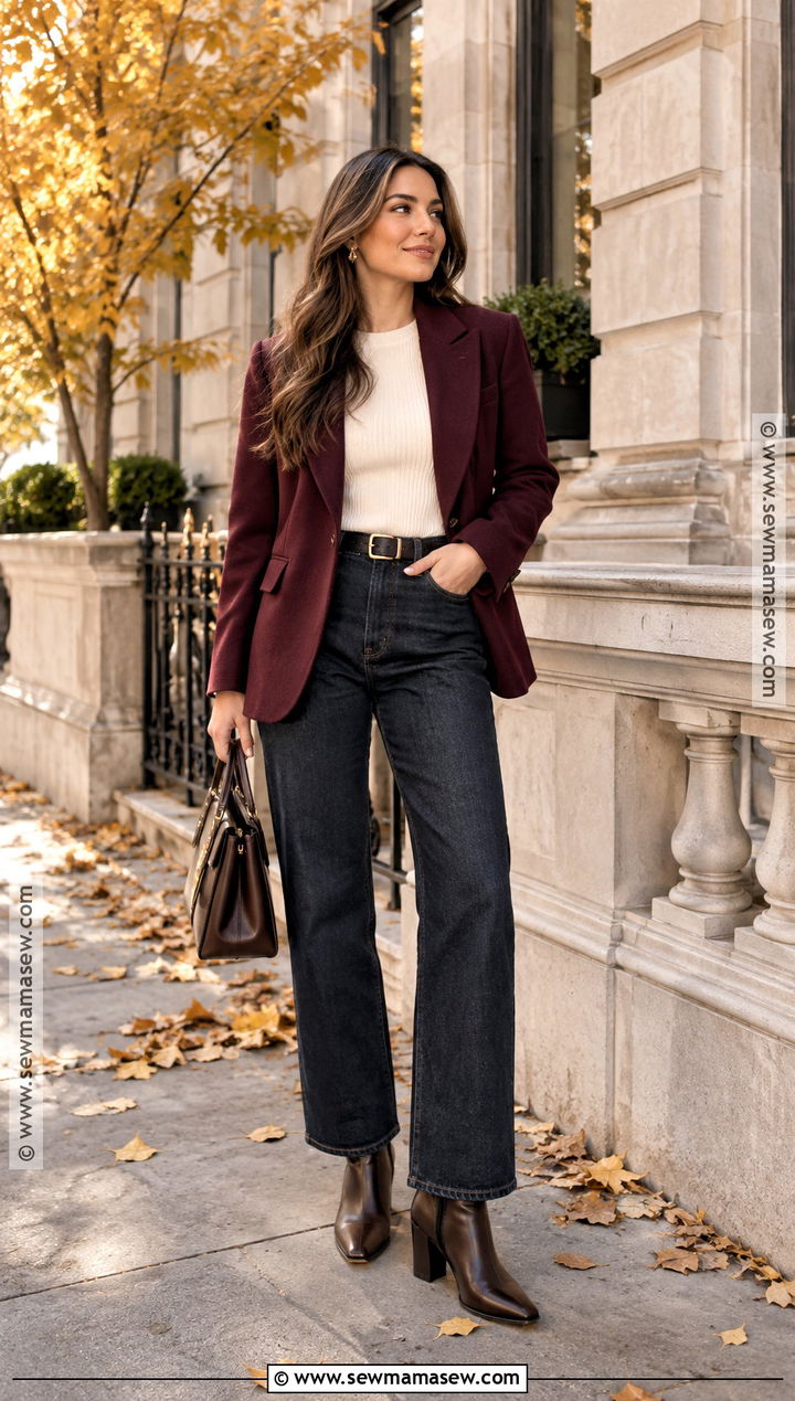 Burgundy Blazer and Dark Jeans Fall Photoshoot Outfit - 25 Fall Photoshoot Outfits