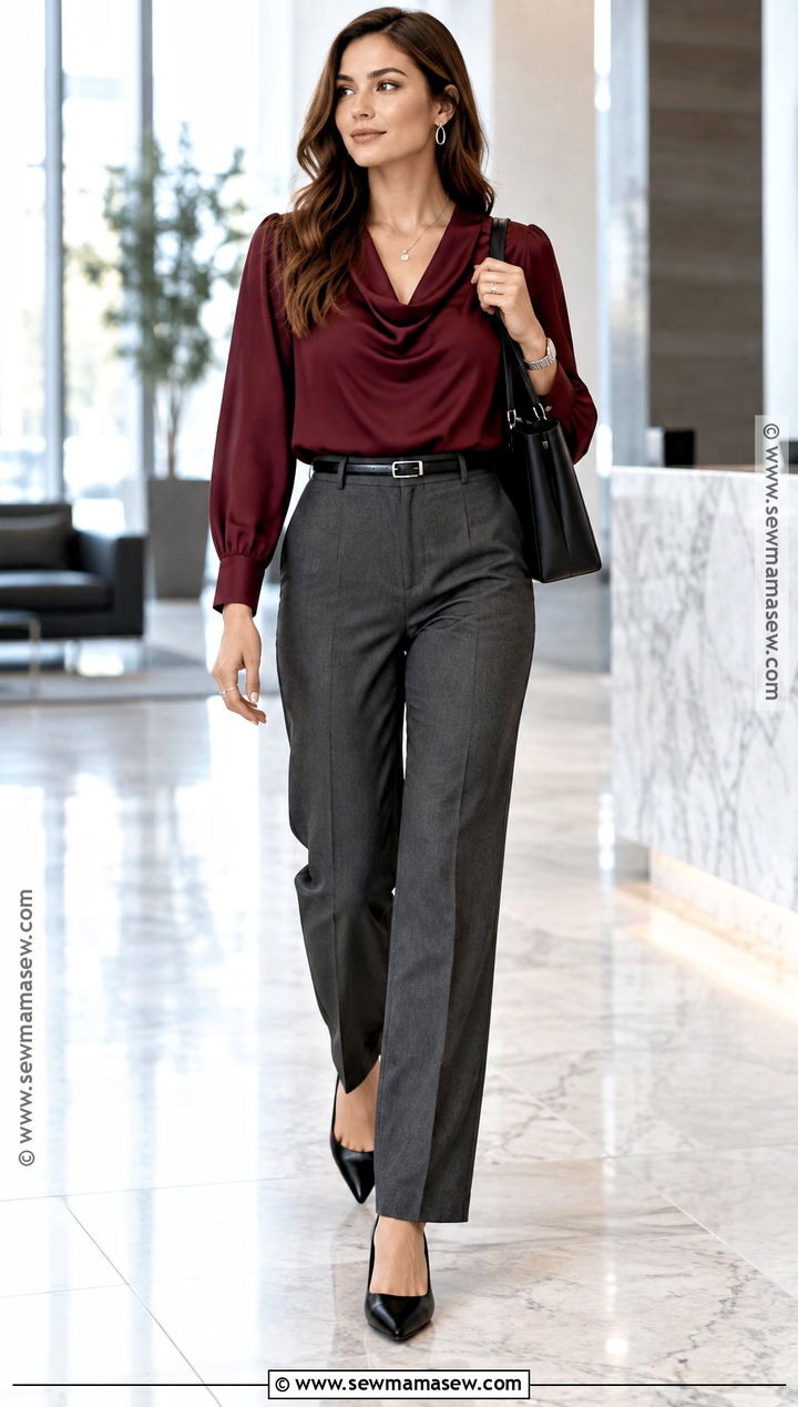 Burgundy Blouse And Charcoal Pants Work Outfit - 15 fall capsule wardrobe 2026 work ideas