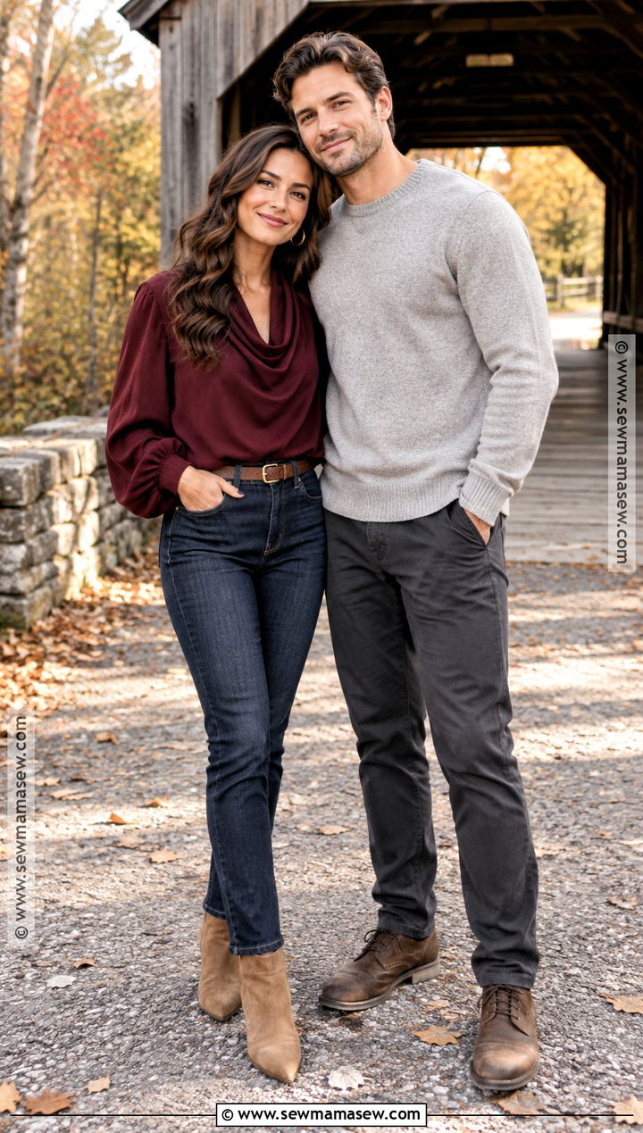 Burgundy Blouse And Dark Jeans Fall Engagement Outfit - 15 fall engagement pictures outfit casual ideas