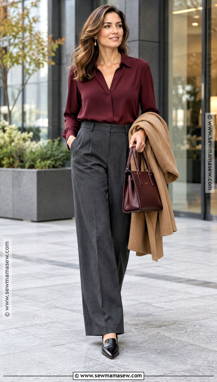 Burgundy Blouse And Gray Trousers Fall Outfit - 20 Fall Outfits For Women In Their 40S