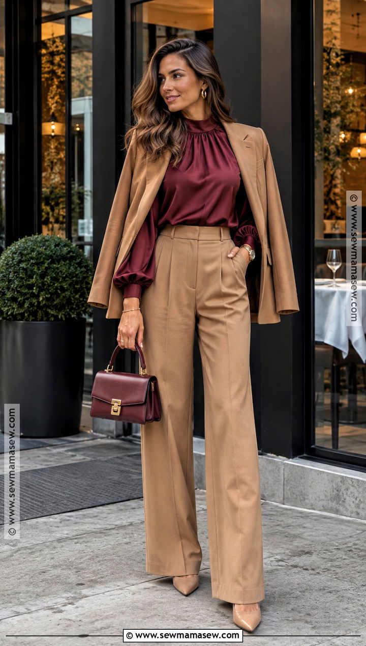 Burgundy Blouse And Wide Leg Trousers Fall Wedding Guest Outfit - 25 casual fall wedding outfit guest ideas