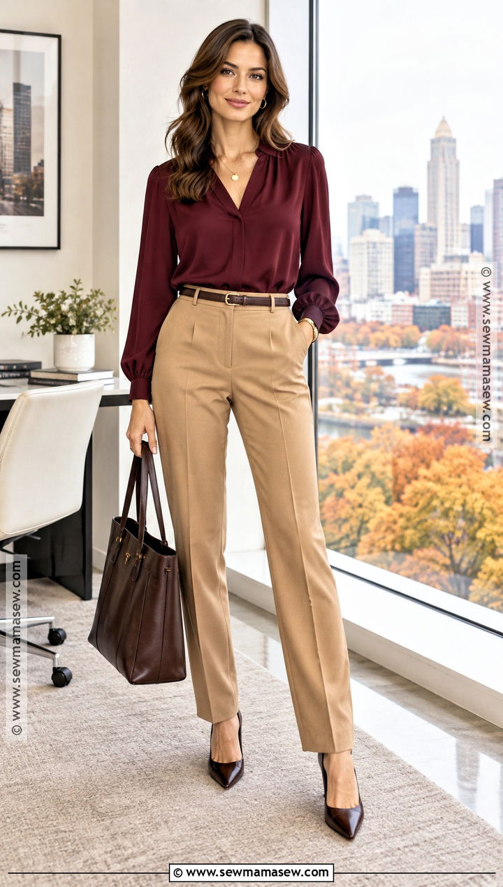 Burgundy Blouse and Camel Trousers Fall Office Outfit - 15 2026 Fall Office Outfits