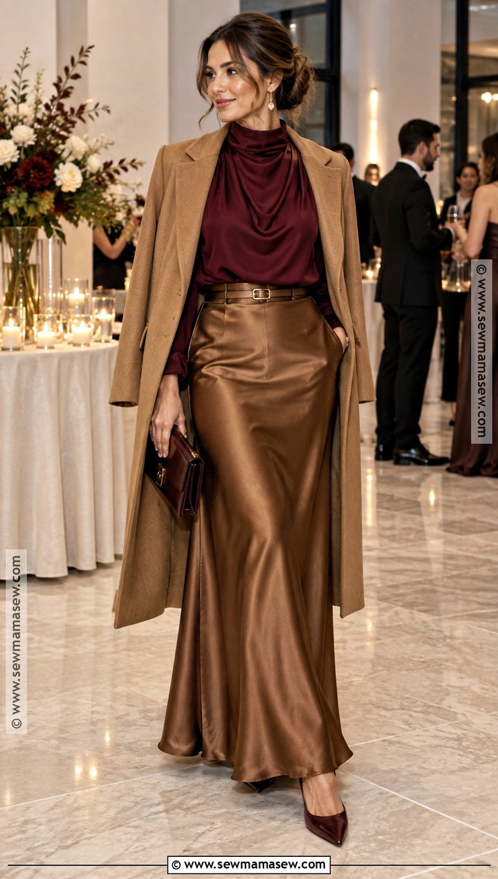 Burgundy Blouse and Satin Maxi Skirt for an Autumn Wedding - 15 autumn wedding outfit ideas