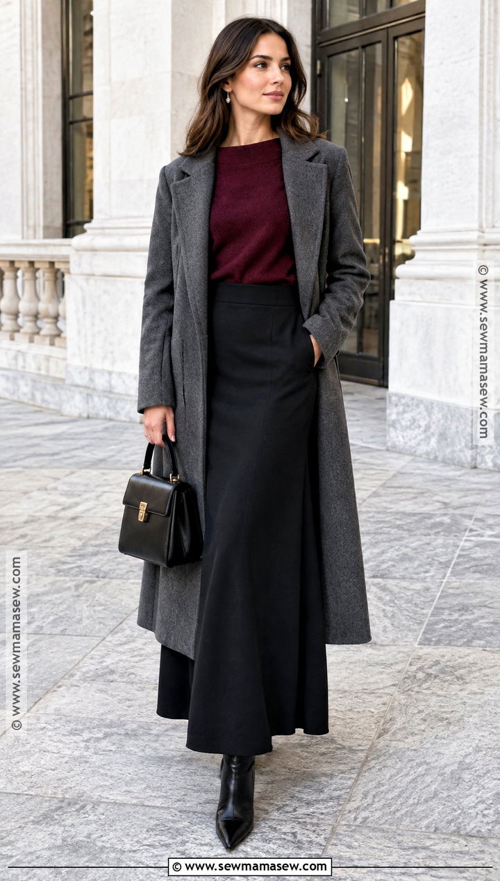 Burgundy Boat Neck Sweater With Black Maxi Skirt - 15 burgundy knitwear fall style ideas