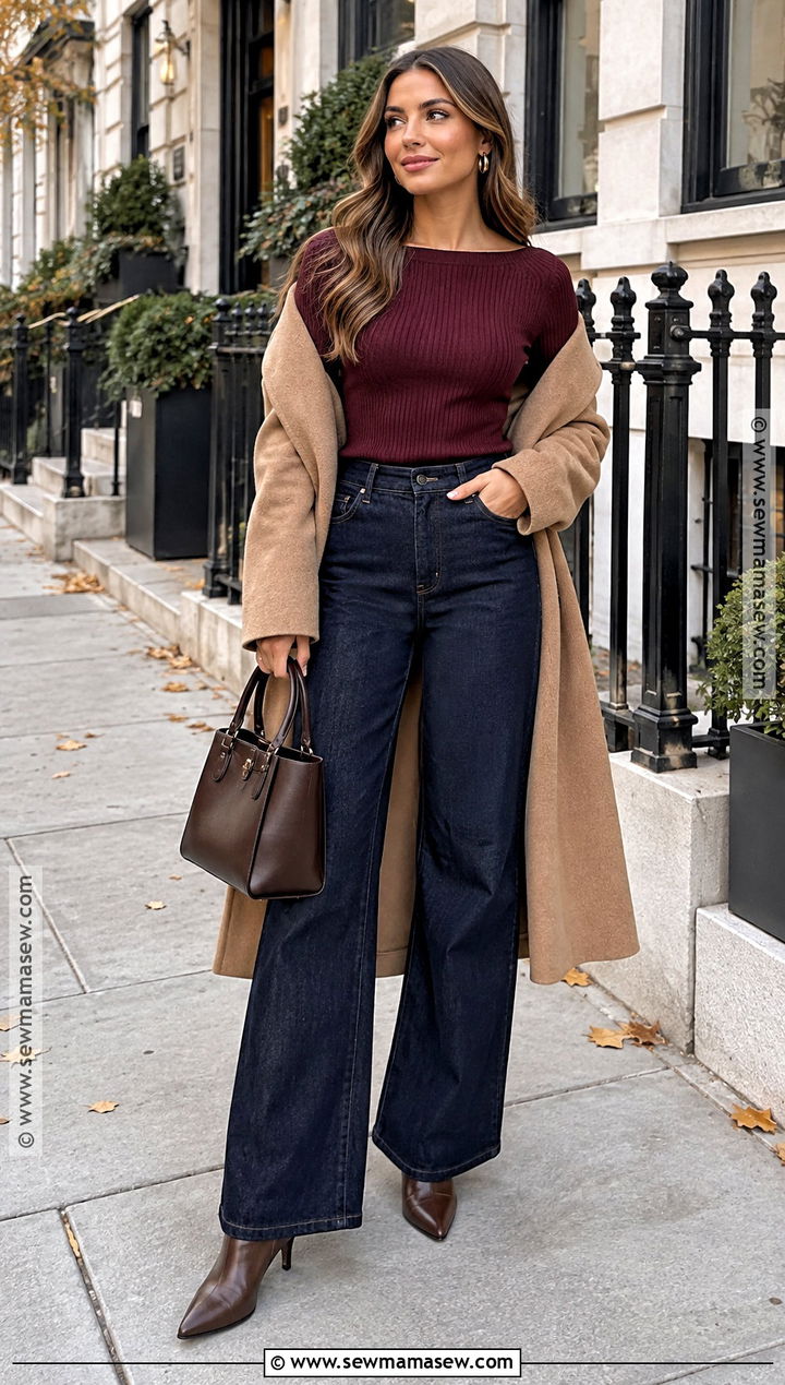 Burgundy Boat Neck Top With Wide Leg Jeans - 15 Fall Tops for Women 2026