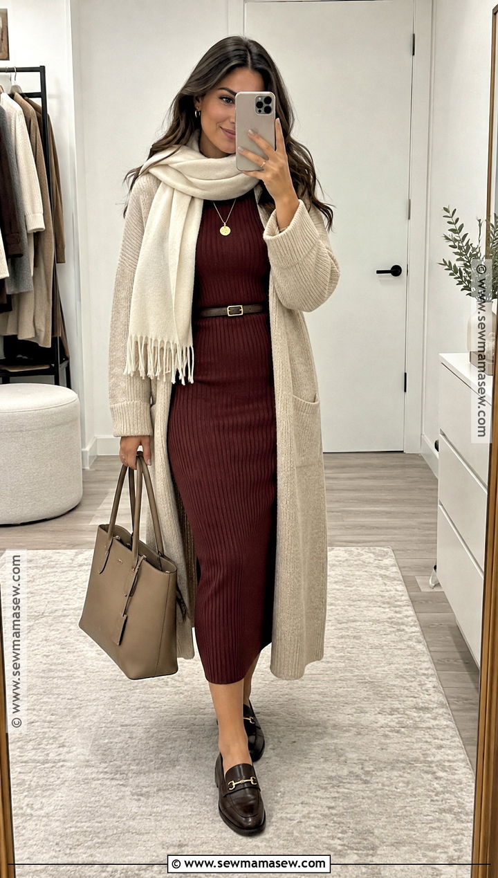 Burgundy Bodycon Midi Dress With Long Cardigan - 15 Burgundy Dress Fall Fashion Ideas
