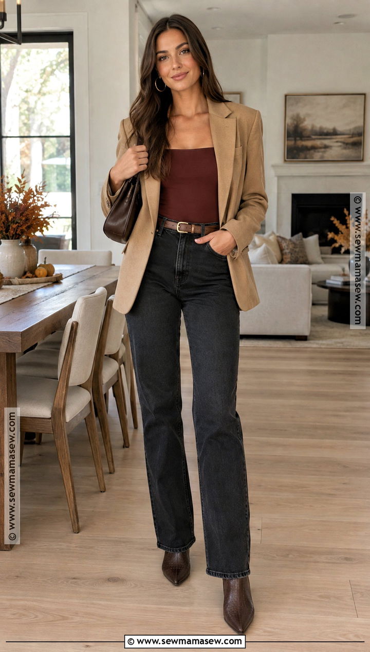 Burgundy Bodysuit And Dark Jeans Thanksgiving Outfit - 25 baddie thanksgiving outfits