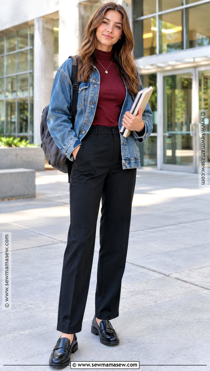 Burgundy Bodysuit With Black Trousers And Denim Jacket - 15 Back To School Outfits Bodysuit