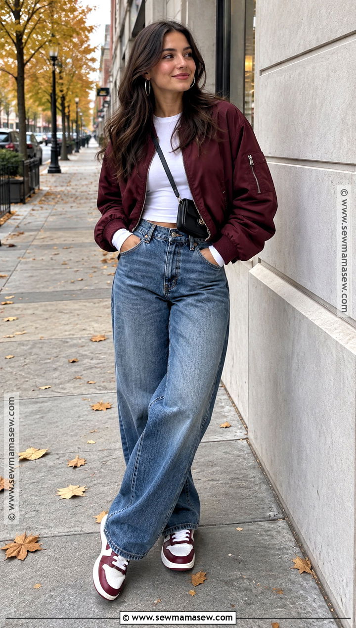 Burgundy Bomber Jacket With Baggy Jeans And Sneakers - 15 burgundy fall outfits 2026