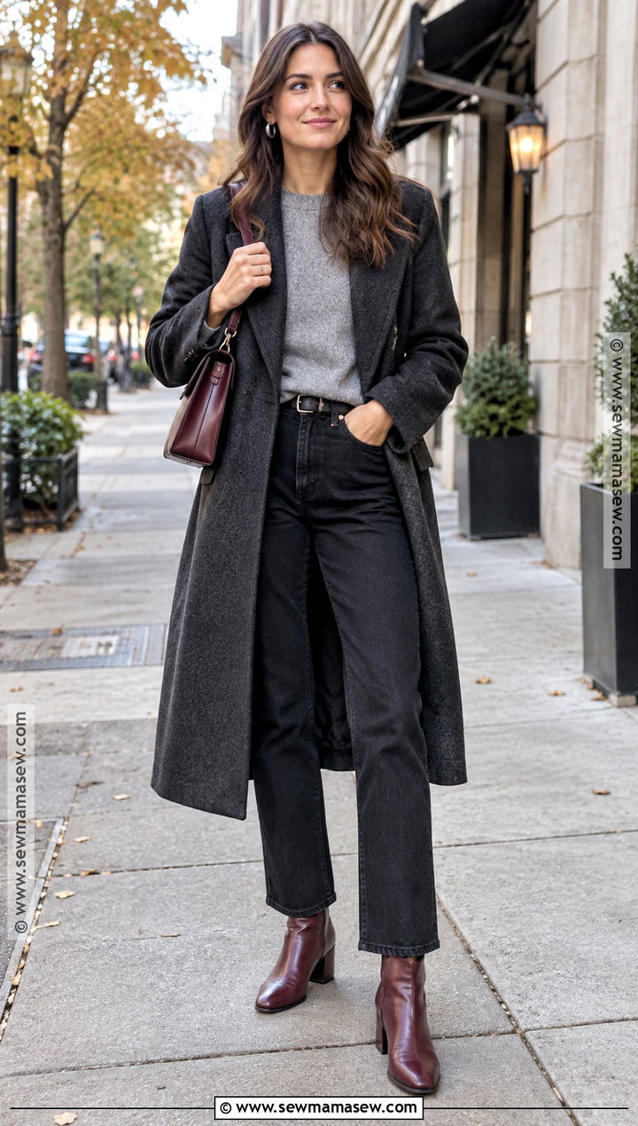 Burgundy Booties With Black Jeans and Gray Sweater - 15 bootie fall outfits