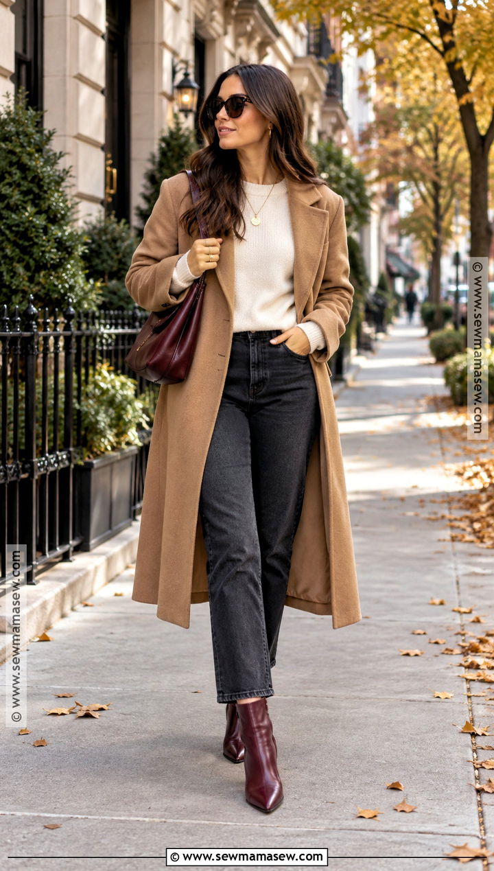 Burgundy Boots With A Neutral Coat - 15 Boots For Fall Wardrobe