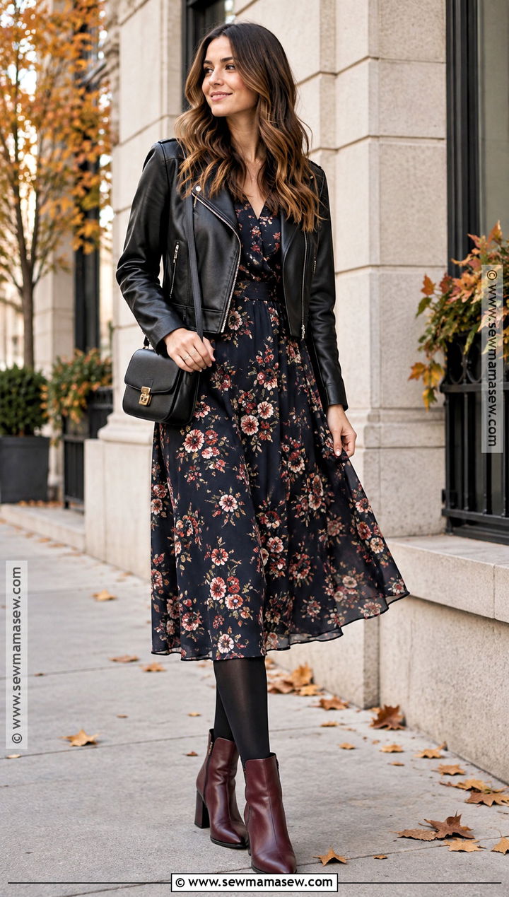 Burgundy Boots With Floral Midi Dress And Leather Jacket - 20 burgundy boots outfit fall