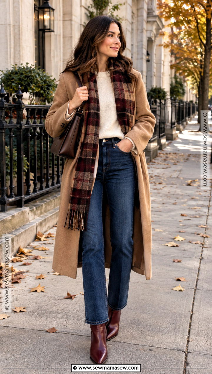 Burgundy Boots With Straight Leg Jeans And Camel Coat - 20 burgundy boots outfit fall