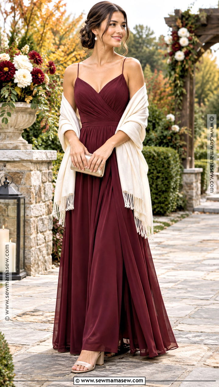 Burgundy Bridesmaid Dress With Ivory Pashmina - 15 wedding shawls and wraps fall bridal party ideas