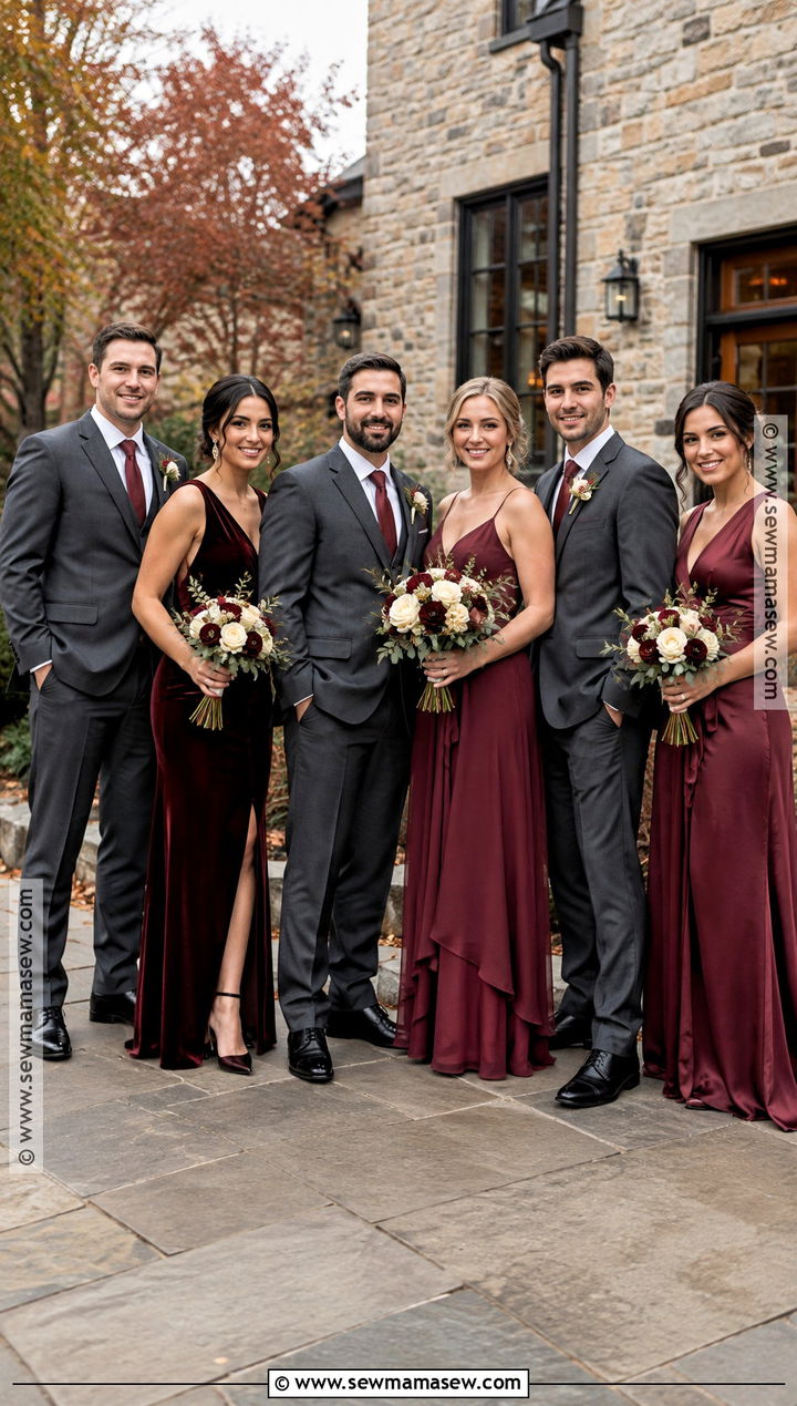Burgundy Bridesmaid Dresses With Charcoal Groomsmen - 15 fall bridesmaid dresses mismatched with groomsmen