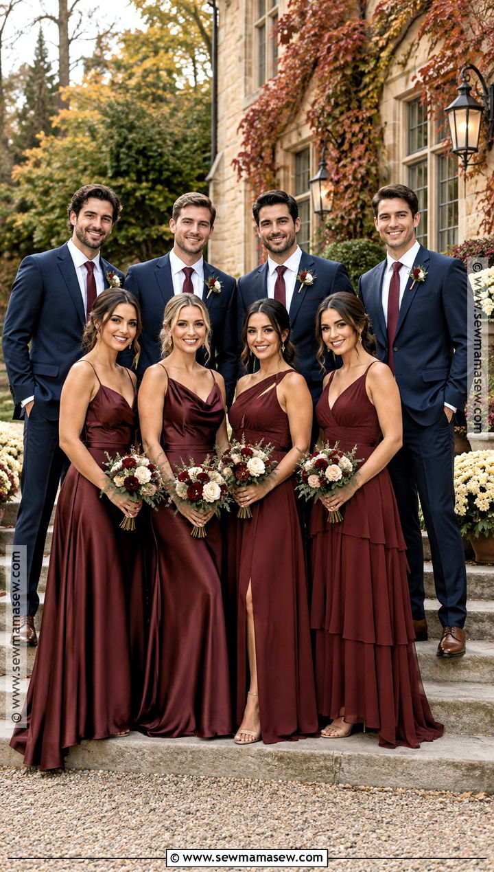 Burgundy Bridesmaid Dresses With Navy Groomsmen Suits - 15 fall wedding bridesmaid dresses and groomsmen