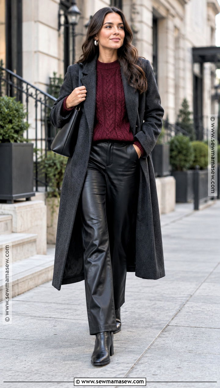 Burgundy Cable Knit Sweater With Black Leather Pants - 15 burgundy knitwear fall style ideas