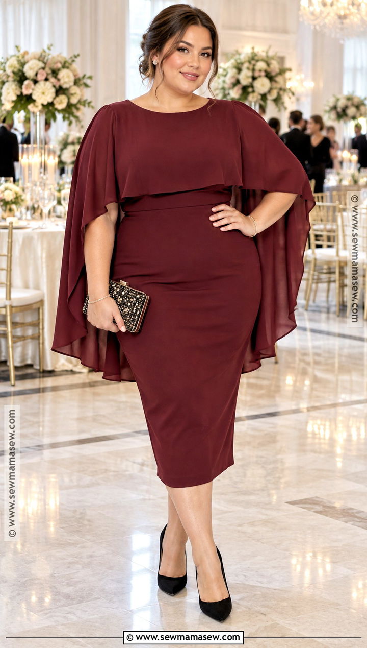 Burgundy Cape Sleeve Fall Wedding Guest Dress - 25 fall wedding guest dress ideas for plus size