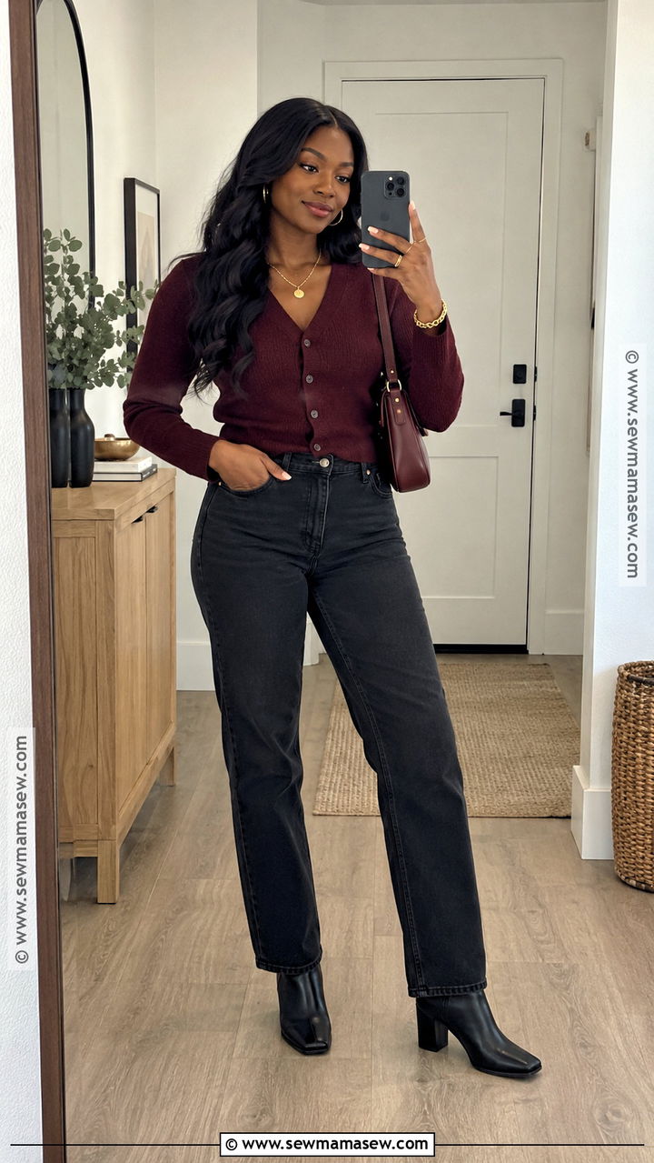 Burgundy Cardigan And Black Jeans Fall Outfit - 20 cozy fall outfits for black women