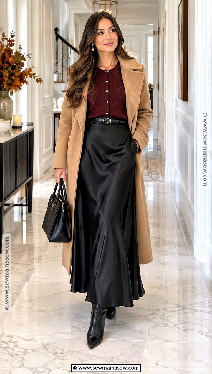 Burgundy Cardigan And Black Maxi Skirt Thanksgiving Outfit - 20 Fancy Thanksgiving Outfit Ideas