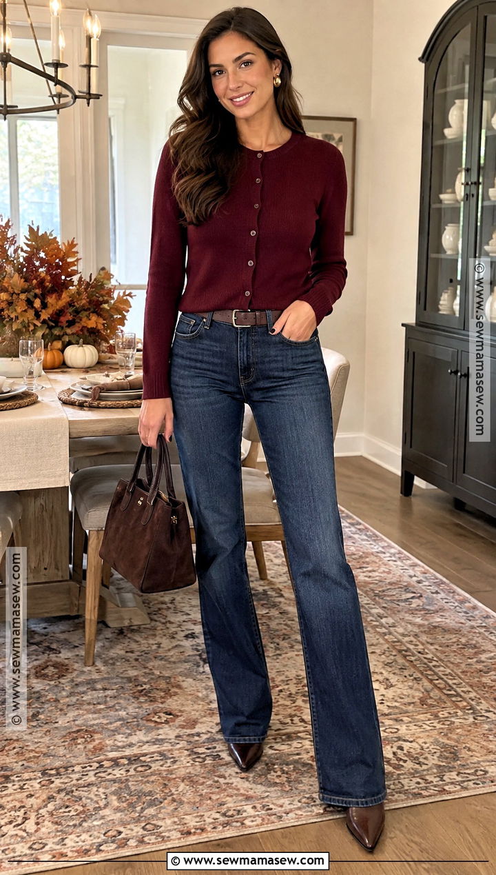 Burgundy Cardigan And Bootcut Jeans Thanksgiving Outfit - 20 Jeans Thanksgiving Outfit