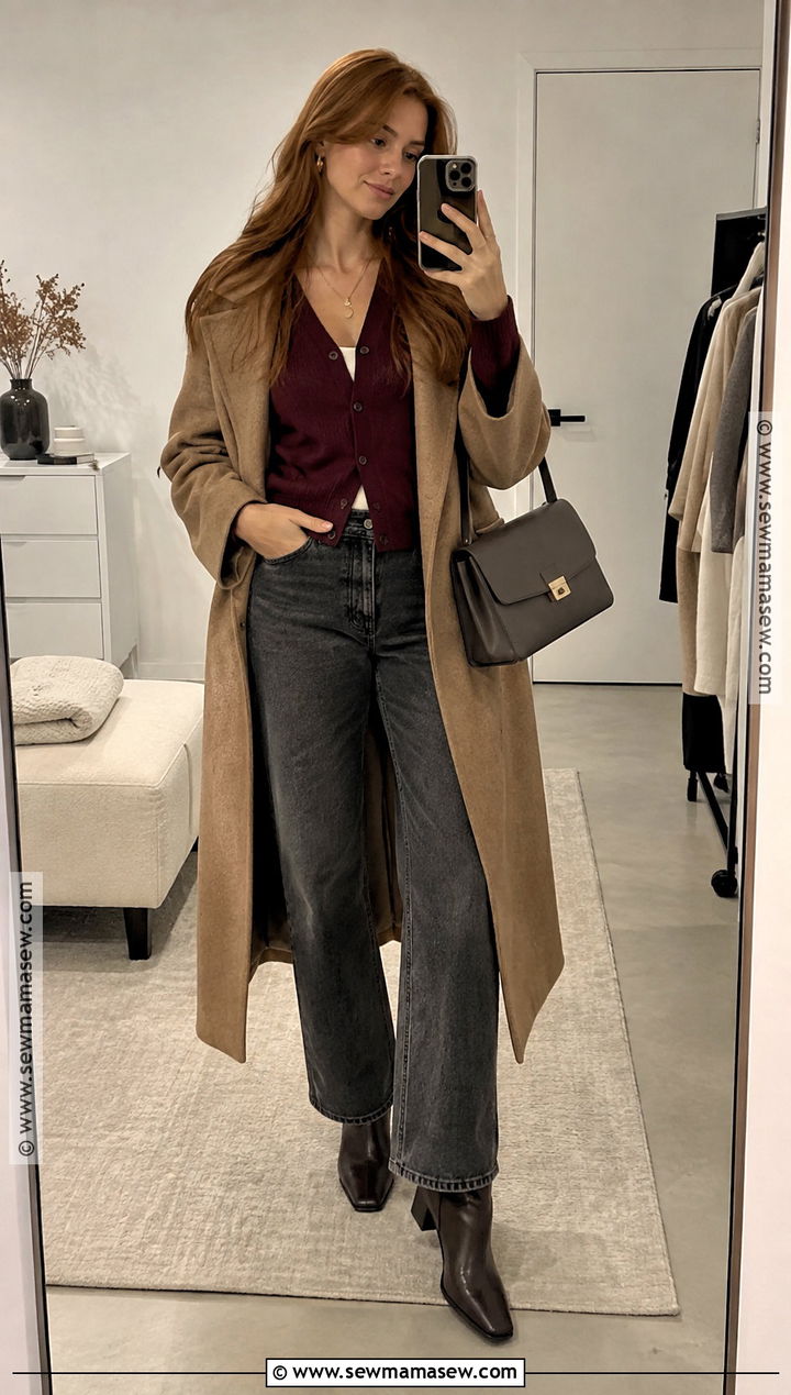 Burgundy Cardigan And Gray Jeans Fall Outfit - 15 fall outfits for redheads