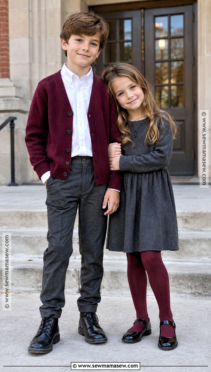 Burgundy Cardigan And Gray Sibling Fall Outfit - 15 sibling fall outfits
