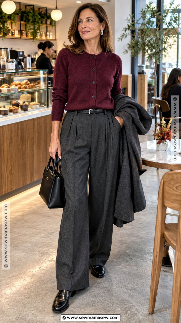 Burgundy Cardigan And Gray Trousers Coffee Shop Outfit - 20 Fall Coffee Shop Outfit Ideas