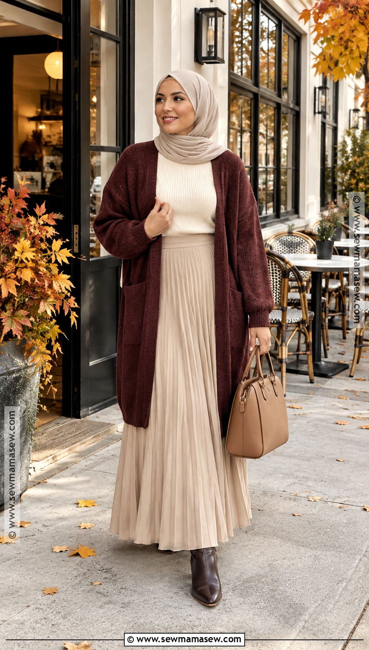 Burgundy Cardigan And Pleated Skirt Hijabi Outfit - 20 Fall Hijabi Outfits Aesthetic