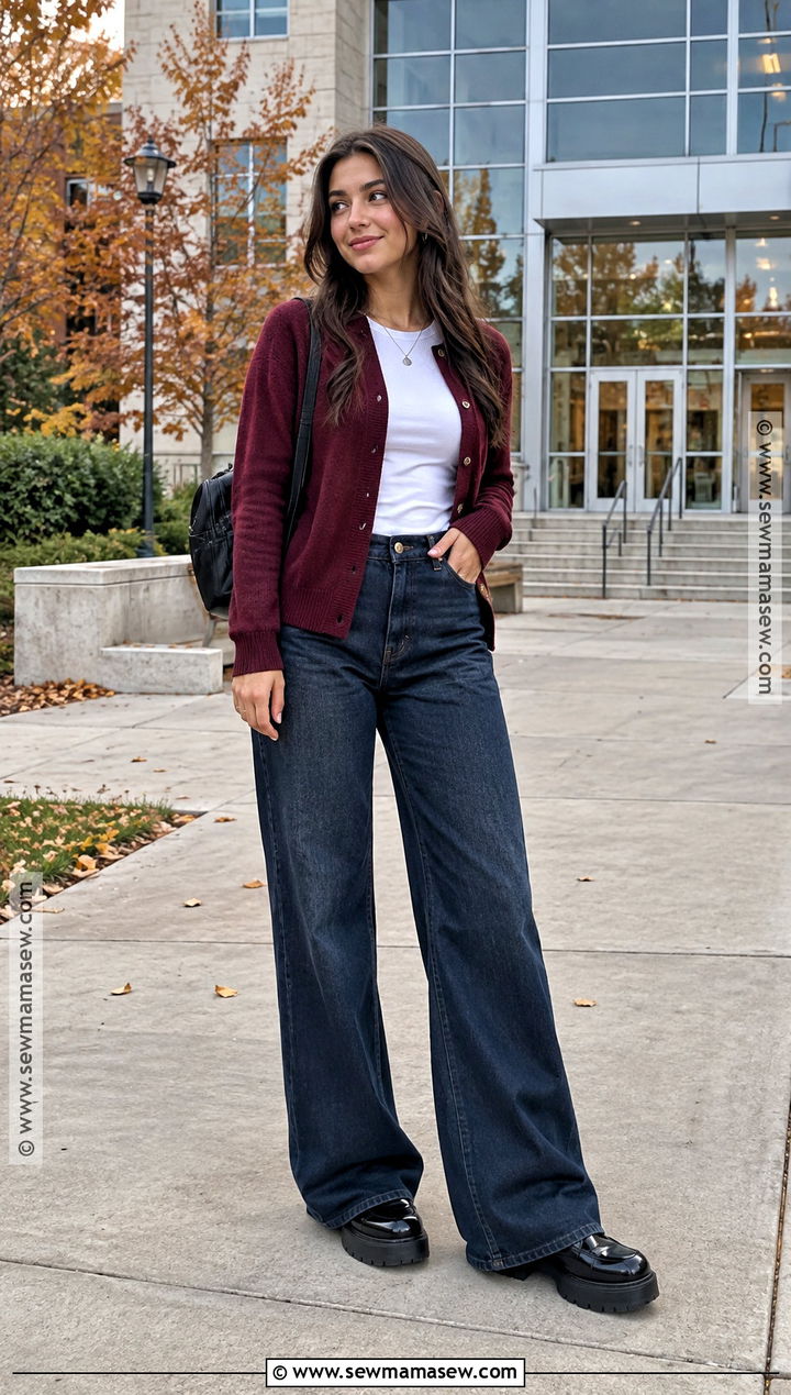Burgundy Cardigan And Wide Leg Jeans Outfit - 15 fall aesthetic school outfits