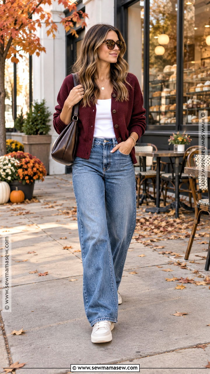Burgundy Cardigan And Wide Leg Jeans Outfit - 20 Cool Mom Outfits Fall