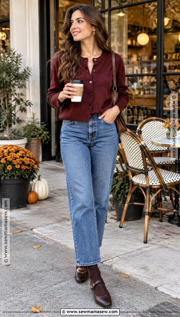 Burgundy Cardigan Fall Outfit With Jeans And Flats - 25 cosy fall outfits