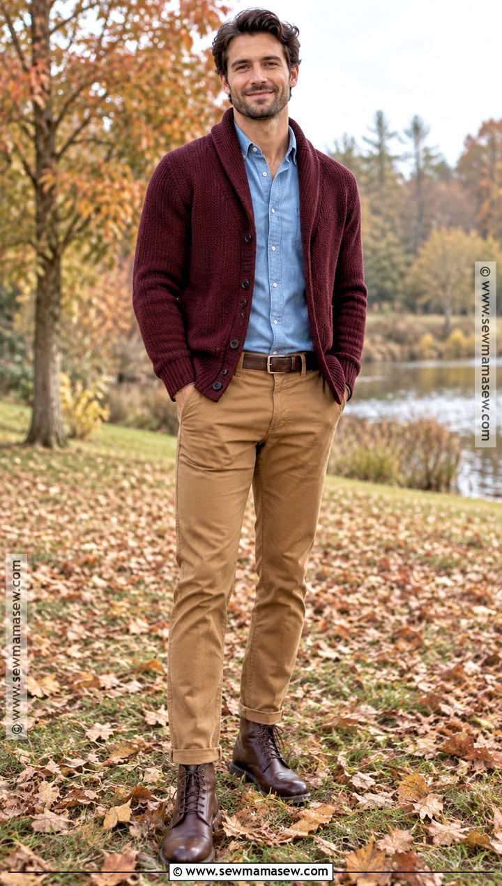 Burgundy Cardigan With A Chambray Shirt - 15 fall family photo outfits for men