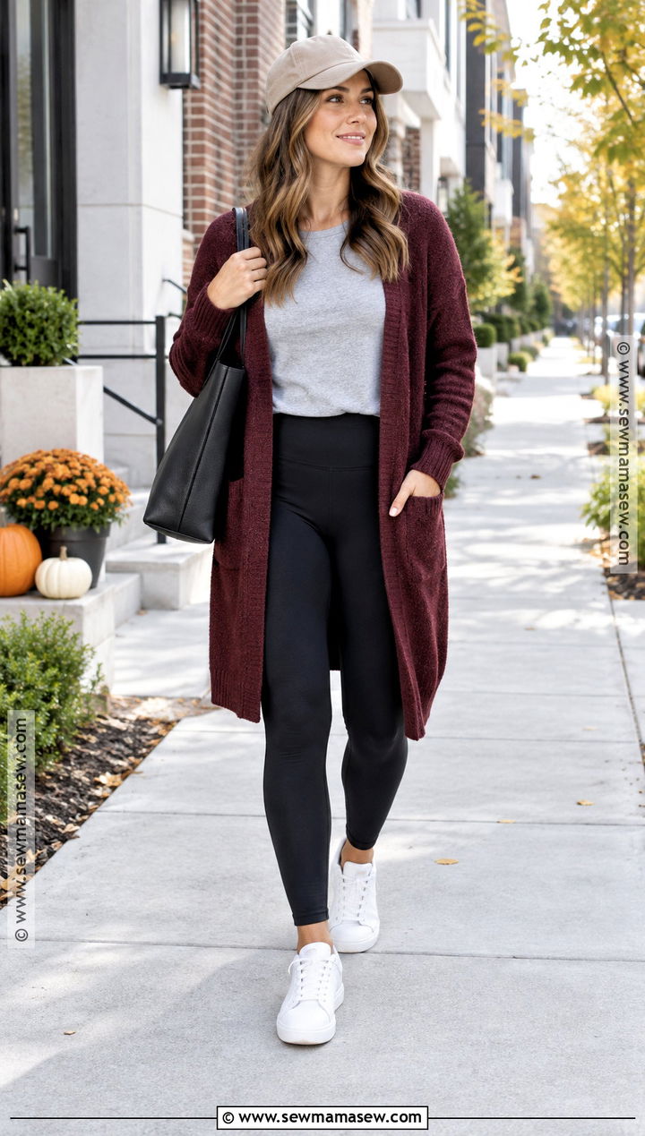 Burgundy Cardigan With Black Leggings - 20 burgundy cardigan outfit fall ideas