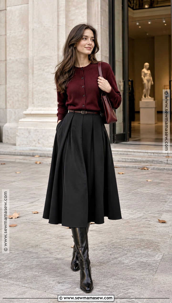 Burgundy Cardigan With Black Midi Skirt - 20 burgundy cardigan outfit fall ideas