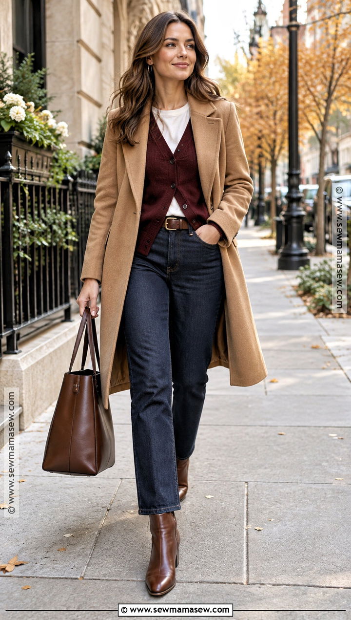 Burgundy Cardigan With Camel Coat And Jeans - 20 burgundy cardigan outfit fall ideas